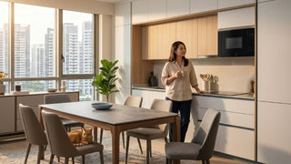 Built-in microwave oven in a modern Singapore kitchen beside a dining table and city-facing window.