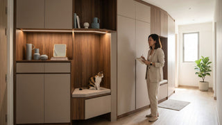 Built-in shoe cabinet with bench seating, wood laminate shelving, and warm lighting in a Singapore entryway.