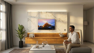 Man relaxing near a built-in TV console with marble feature wall and warm lighting