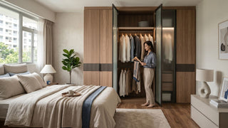 Woman choosing clothes from a built-in wooden wardrobe with open glass doors in a modern HDB bedroom.