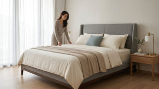 Woman arranging bedding on a grey upholstered bed in a bright Singapore bedroom with neutral sheets and wooden bedside table.