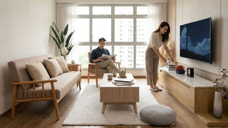 Calm Muji-style living room with neutral sofa, coffee table, rug, and TV console