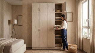 Woman organising folded clothes in a light wood casement wardrobe with shelves beside a bedroom window