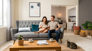 Cat-friendly sofa in a Singapore living room with durable fabric and pet-friendly styling