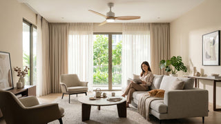Modern Singapore living room with a wooden ceiling fan, light kit, neutral sofa, and balcony view