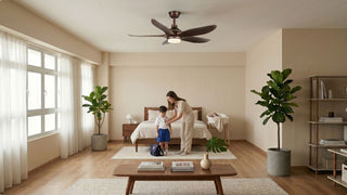 Ceiling fan with light in a warm Singapore family bedroom with mother, child, baby bassinet and natural wood furniture