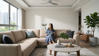 Woman sitting on a beige sofa in a Singapore living room with a ceiling fan, reading a magazine while checking whether to repair or replace the fan.