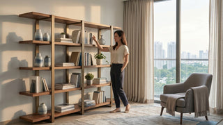 Woman arranging books on a wooden bookshelf in a bright Singapore living room with large window and reading chair