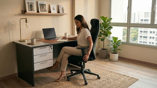 Woman checking office chair height beside a desk and laptop in a bright Singapore home office setup
