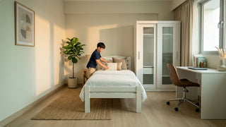 Child arranging pillows on a white single bed with wardrobe and study desk in a compact Singapore bedroom