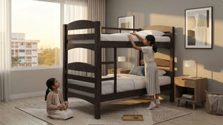 Children arranging bedding on a dark wood double deck bed in a bright Singapore bedroom