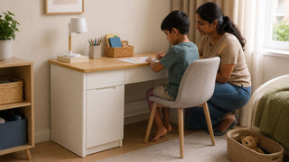 Child using a modern writing desk with storage in a practical Singapore family bedroom study nook.