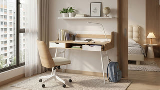Child’s bedroom study setup with wooden desk, adjustable chair, task lamp and school bag in a bright Singapore HDB room
