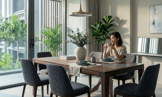 Woman seated at a walnut Chinese dining table in a bright Singapore condo dining room with grey upholstered chairs and greenery