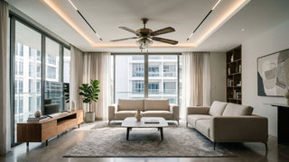 ceiling fan with light kit in a bright modern Singapore condo living room with neutral sofas and wood TV console.