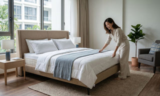 Woman smoothing bedding on a clean mattress in a bright Singapore condo bedroom after steam cleaning.