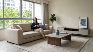 Woman relaxing on a beige sofa in a clean renovated Singapore living room before furniture setup is completed.