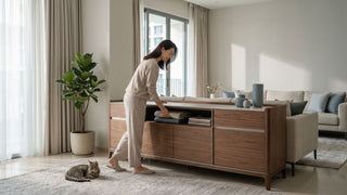 Woman organising folded linens inside a closed-door wooden storage cabinet in a bright Singapore living room.