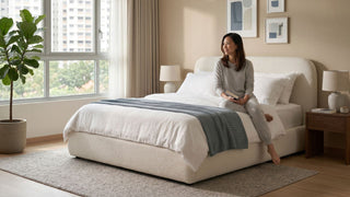 Asian woman sitting on a cream cloud bed frame in a bright Singapore bedroom with large windows, wood bedside tables, and neutral decor.