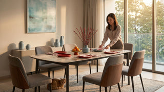 Woman setting a sintered stone dining table with red Chinese New Year tableware in a bright Singapore condo dining room.