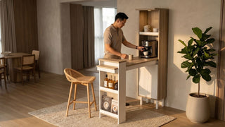 Man making coffee at a light wood bar table with storage shelves in a warm modern Singapore home