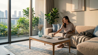 Woman using a rectangular coffee table in a bright Singapore condo living room with sofa, balcony plants and city view.