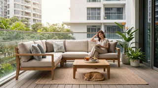 Woman reading on a beige outdoor sofa set on a Singapore condo balcony with plants, coffee table, and a sleeping cat.