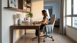 Woman working at a wooden desk with an ergonomic office chair in a compact Singapore home office