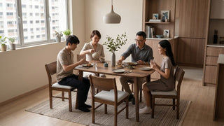 Family dining around a wooden 4-seater table with cushioned chairs in a compact Singapore kitchen and dining space