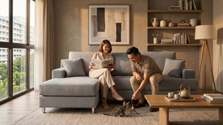 Grey L-shaped sofa in a cosy resale flat living room with couple, kitten, wood coffee table and warm natural lighting