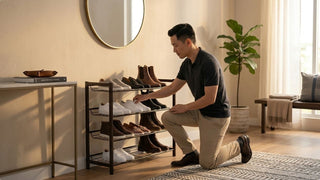 Man placing sneakers on a compact open shoe rack in a modern Singapore foyer
