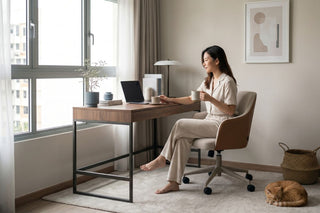 Woman working at a small wooden desk in a compact Singapore home office with shelves and natural light.