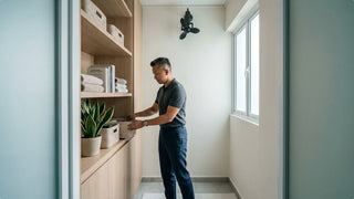 Compact wall fan mounted in a bright Singapore utility room with built-in shelves and organised storage baskets