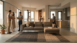 Singapore condo renovation in progress with contractors, homeowners, sofa, built-in carpentry, and open-plan living area