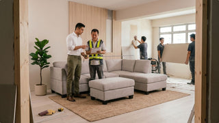 Contractor checking furniture dimensions with a homeowner in a Singapore living room during renovation and layout planning