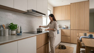 Modern Singapore HDB kitchen with a slim cooker hood installed above an induction hob for everyday home cooking.