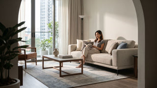 Woman reading on a beige sofa in a bright Singapore living room with large windows and soft natural light.