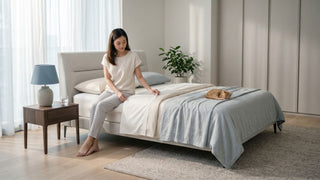 Woman arranging a cooling mattress protector on a bed in a bright Singapore bedroom