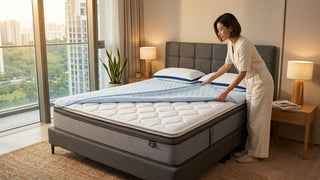 Woman placing a cooling waterproof mattress protector on a mattress in a condo bedroom
