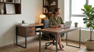Woman working at a wood corner desk in a bright Singapore home office with shelves, plant, and laptop.