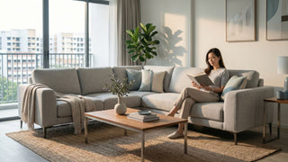 Woman reading on a beige corner sofa in a bright Singapore living room with balcony view and wooden coffee table.