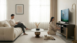 Cosy Japandi HDB living room with boucle sofa, round marble coffee table, and low TV console