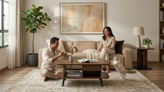 Couple playing with a cat in a cosy warm neutral living room with beige sofa and coffee table