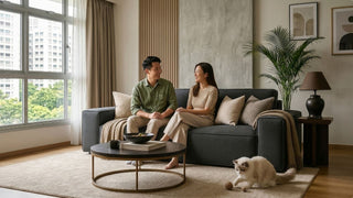 Couple relaxing in a 2 room flexi living room with sofa, coffee table, and pet-friendly layout