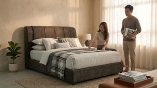 Couple arranging a bed in a warm modern bedroom with soft lighting and neutral furniture