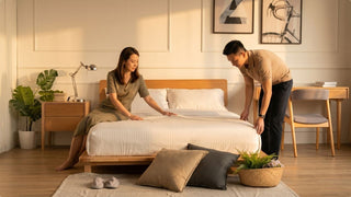 Couple arranging a low wooden bed in a warm Muji-style HDB bedroom with neutral decor