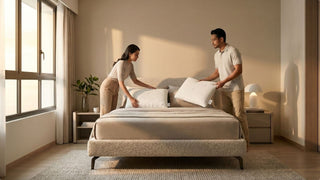 Couple arranging supportive pillows on a beige upholstered bed in a warm Singapore bedroom