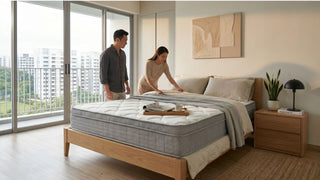 Couple checking mattress comfort and support in a modern Singapore condo bedroom