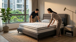 Couple checking a queen mattress on a grey bed frame in a Singapore bedroom