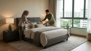 Couple arranging pillows on a grey upholstered bed frame in a bright Singapore BTO bedroom with modern neutral styling
